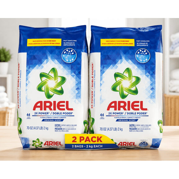 Ariel 2X Power Laundry Detergent, Helps Remove Stains In One Wash, Fast Dissolving, Original Scent, 70 oz (4.37 LB) 2 kg, 44 Loads, 2 Pack