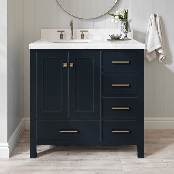 Ariel Cambridge 36 Inch Single Left Offset Oval Sink Bathroom Vanity With Carrara White Quartz Countertop 1.5 Edge In Midnight Blue