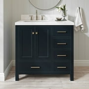 ARIEL Cambridge 36 Inch Midnight Blue Bathroom Vanity with Sink, Solid Wood, Carrara White Quartz Countertop, 1.5-Inch Edge, Left Rectangular Undermount Sink, 2 Soft Closing Doors, 5 Drawers