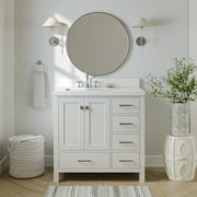 ARIEL Cambridge 36 Inch Single Left Offset Rectangle Sink Bathroom Vanity With Carrara White Quartz Countertop 1.5 Edge In White