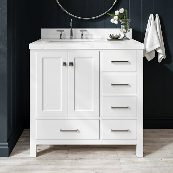 ARIEL Cambridge 36 Inch White Bathroom Vanity with Sink, Solid Wood, Carrara White Quartz Countertop, 1.5-Inch Edge, Left Rectangular Undermount Sink, 2 Soft Closing Doors, 5 Drawers
