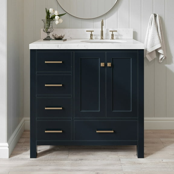 Ariel Cambridge 36 Inch Single Right Offset Oval Sink Bathroom Vanity With Carrara White Quartz Countertop 1.5 Edge In Midnight Blue