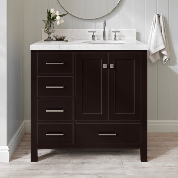 Ariel Cambridge 36 Inch Single Right Offset Oval Sink Bathroom Vanity With Carrara White Quartz Countertop 1.5 Edge In Espresso