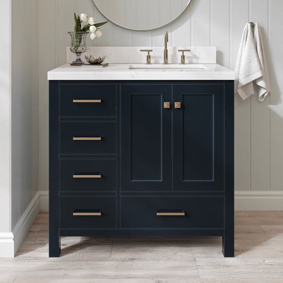 ARIEL Cambridge 36 Inch Midnight Blue Bathroom Vanity with Sink, Solid Wood, Carrara White Quartz Countertop, 1.5-Inch Edge, Right Rectangular Undermount Sink, 2 Soft Closing Doors, 5 Drawers