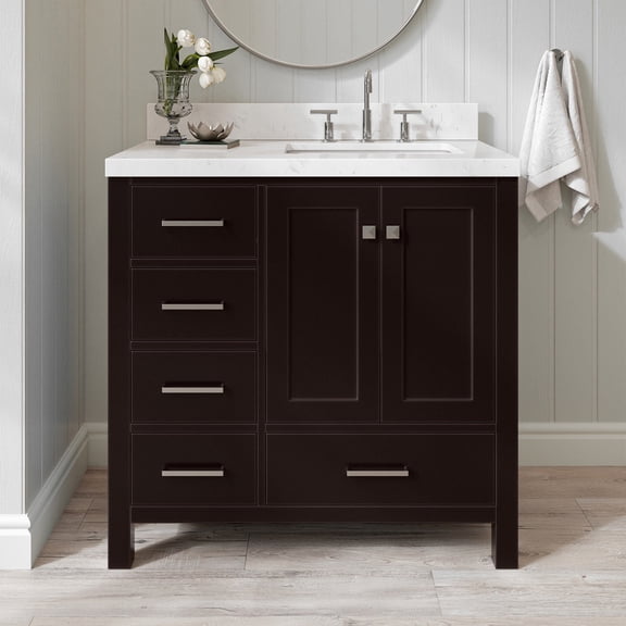 ARIEL Cambridge 36 Inch Espresso Bathroom Vanity with Sink, Solid Wood, Carrara White Quartz Countertop, 1.5-Inch Edge, Right Rectangular Undermount Sink, 2 Soft Closing Doors, 5 Drawers