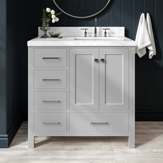 ARIEL Cambridge 36 Inch Grey Bathroom Vanity with Sink, Solid Wood, Carrara White Quartz Countertop, 1.5-Inch Edge, Right Rectangular Undermount Sink, 2 Soft Closing Doors, 5 Drawers