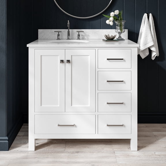 Ariel Cambridge 37 In. Left Offset Oval Single Sink Vanity With Carrara White Marble 0.75 In Countertop In White