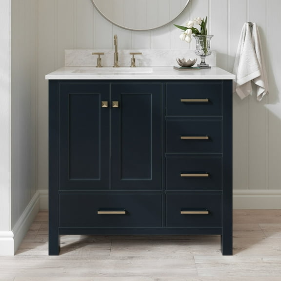 Ariel Cambridge 37 In. Left Offset Rectangle Single Sink Vanity With Carrara White Marble 0.75 In Countertop In Midnight Blue