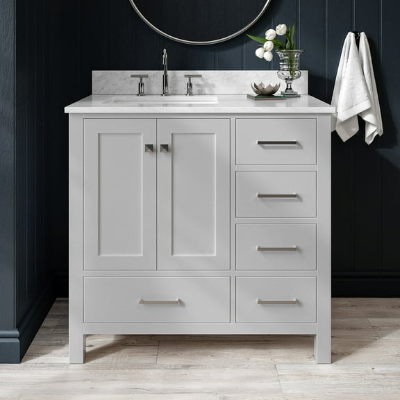 Ariel Cambridge 37 In. Left Offset Rectangle Single Sink Vanity With Carrara White Marble 0.75 In Countertop In Grey