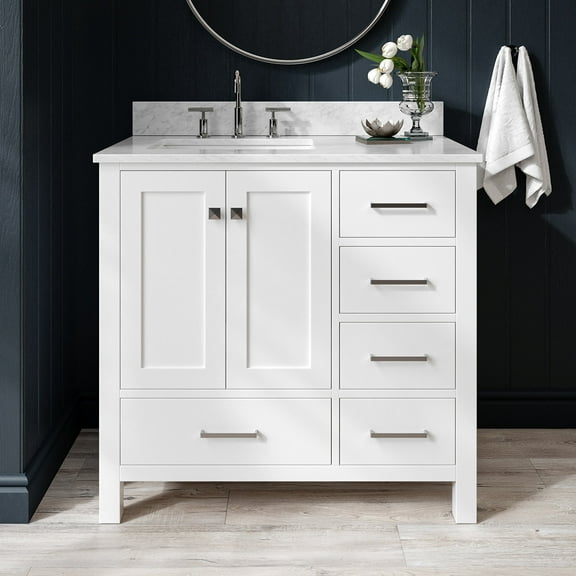 Ariel Cambridge 37 In. Left Offset Rectangle Single Sink Vanity With Carrara White Marble 0.75 In Countertop In White