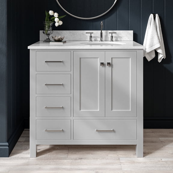 Ariel Cambridge 37 In. Right Offset Oval Single Sink Vanity With Carrara White Marble 0.75 In Countertop In Grey