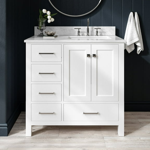 Ariel Cambridge 37 In. Right Offset Rectangle Single Sink Vanity With Carrara White Marble 0.75 In Countertop In White