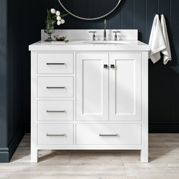 Ariel Cambridge 37 In. Right Offset Oval Sink Vanity With White Quartz Countertop In White