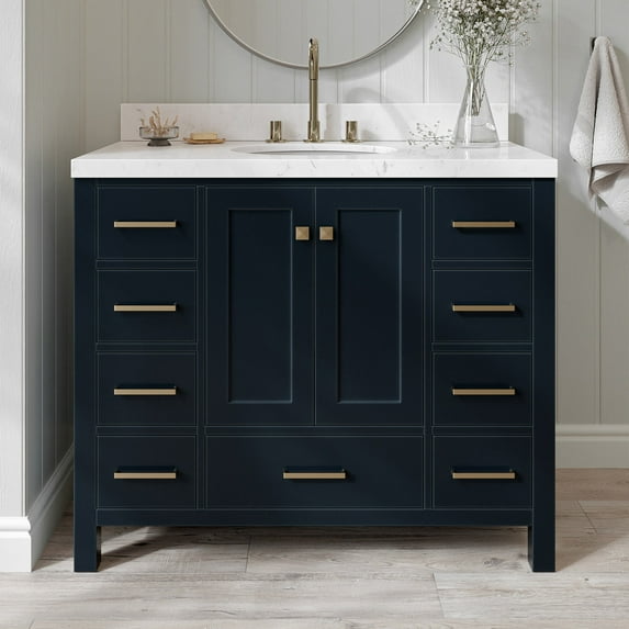 Ariel Cambridge 42 Inch Single Oval Sink Bathroom Vanity With Carrara White Quartz Countertop 1.5 Edge In Midnight Blue