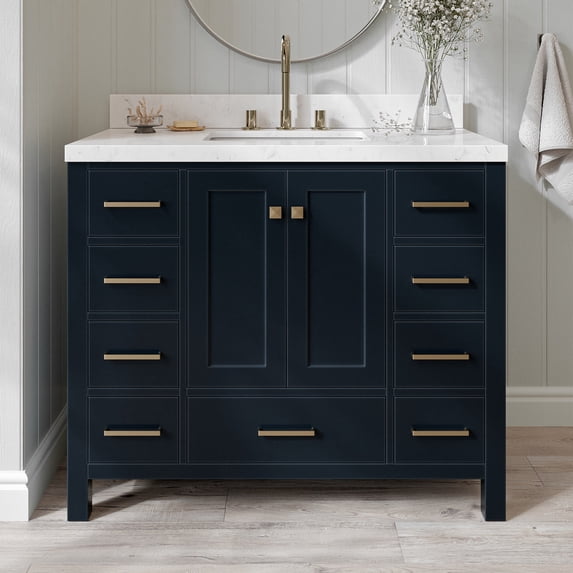 ARIEL Cambridge 42 Inch Midnight Blue Bathroom Vanity with Sink, Solid Wood, Carrara White Quartz Countertop, 1.5-Inch Edge, Single Rectangular Undermount Sink, 2 Soft Closing Doors, 9 Drawers
