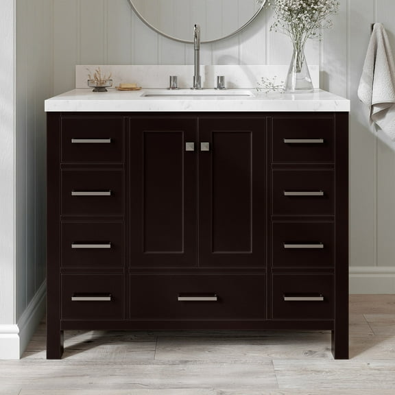 ARIEL Cambridge 42 Inch Espresso Bathroom Vanity with Sink, Solid Wood, Carrara White Quartz Countertop, 1.5-Inch Edge, Single Rectangular Undermount Sink, 2 Soft Closing Doors, 9 Drawers