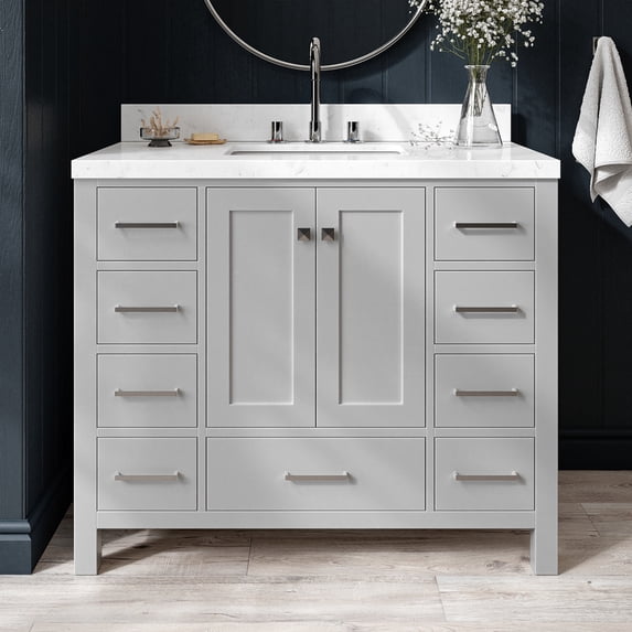 ARIEL Cambridge 42 Inch Grey Bathroom Vanity with Sink, Solid Wood, Carrara White Quartz Countertop, 1.5-Inch Edge, Single Rectangular Undermount Sink, 2 Soft Closing Doors, 9 Drawers