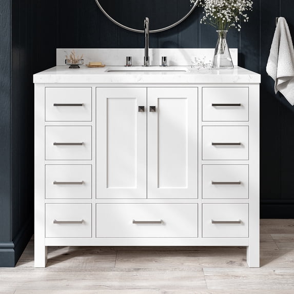 ARIEL Cambridge 42 Inch White Bathroom Vanity with Sink, Solid Wood, Carrara White Quartz Countertop, 1.5-Inch Edge, Single Rectangular Undermount Sink, 2 Soft Closing Doors, 9 Drawers