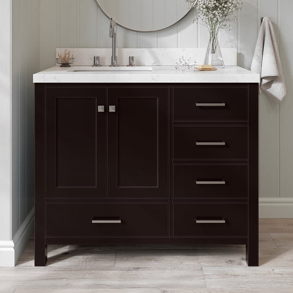 Ariel Cambridge 42 Inch Single Left Offset Rectangle Sink Bathroom Vanity With Carrara White Quartz Countertop 1.5 Edge In Espresso
