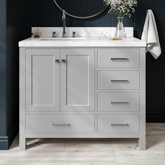 Ariel Cambridge 42 Inch Single Left Offset Rectangle Sink Bathroom Vanity With Carrara White Quartz Countertop 1.5 Edge In Grey