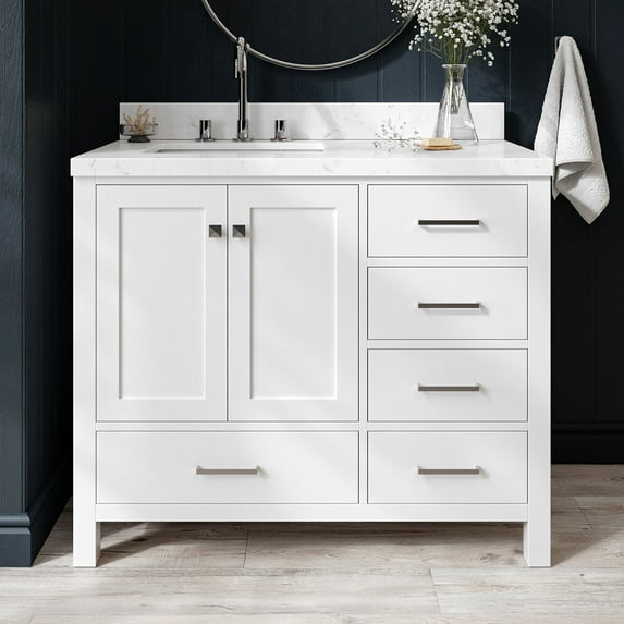 Ariel Cambridge 42 Inch Single Left Offset Rectangle Sink Bathroom Vanity With Carrara White Quartz Countertop 1.5 Edge In White