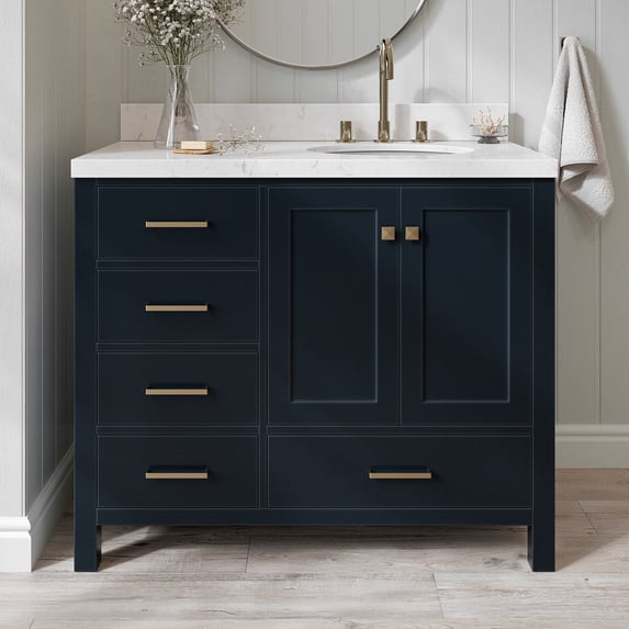 Ariel Cambridge 42 Inch Single Right Offset Oval Sink Bathroom Vanity With Carrara White Quartz Countertop 1.5 Edge In Midnight Blue