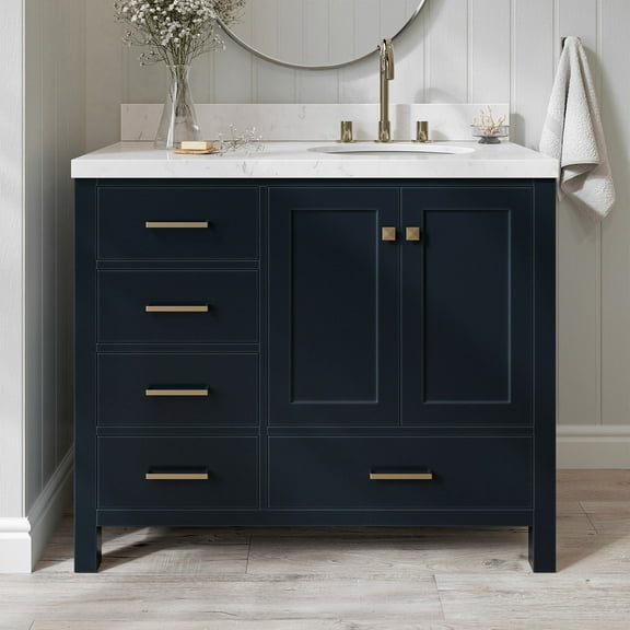 Ariel Cambridge 42 Inch Single Right Offset Oval Sink Bathroom Vanity With Carrara White Quartz Countertop 1.5 Edge In Midnight Blue