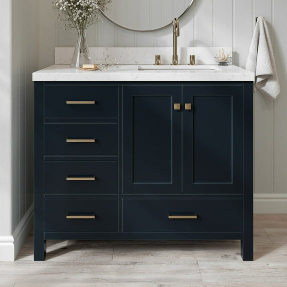 ARIEL Cambridge 42 Inch Midnight Blue Vanity with Single Sink, Solid Wood, Carrara White Quartz Countertop, 1.5-Inch Edge, Right Rectangular Undermount Sink, 2 Soft Closing Doors, 5 Drawers