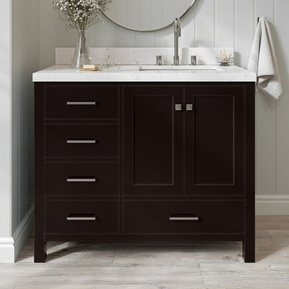 ARIEL Cambridge 42 Inch Espresso Bathroom Vanity with Single Sink, Solid Wood, Carrara White Quartz Countertop, 1.5-Inch Edge, Right Rectangular Undermount Sink, 2 Soft Closing Doors, 5 Drawers