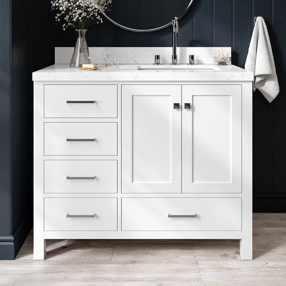ARIEL Cambridge 42 Inch White Bathroom Vanity with Single Sink, Solid Wood, Carrara White Quartz Countertop, 1.5-Inch Edge, Right Rectangular Undermount Sink, 2 Soft Closing Doors, 5 Drawers