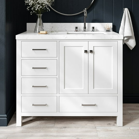 ARIEL Cambridge 42 Inch White Bathroom Vanity with Single Sink, Solid Wood, Carrara White Quartz Countertop, 1.5-Inch Edge, Right Rectangular Undermount Sink, 2 Soft Closing Doors, 5 Drawers