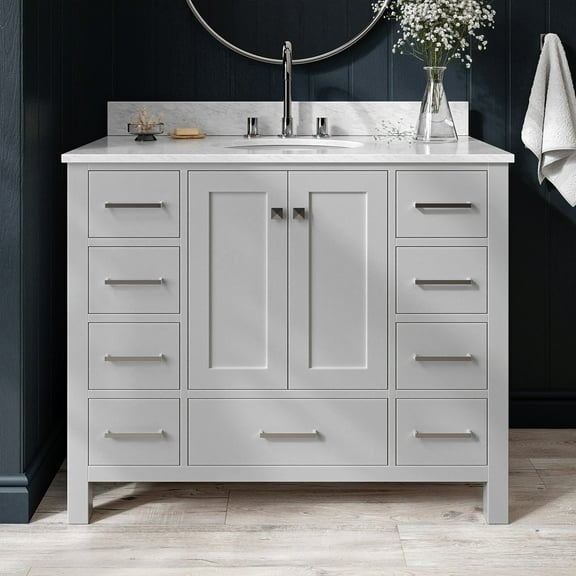Ariel Cambridge 43 In. Single Oval Sink Vanity With Carrara White Marble 0.75 In Countertop In Grey