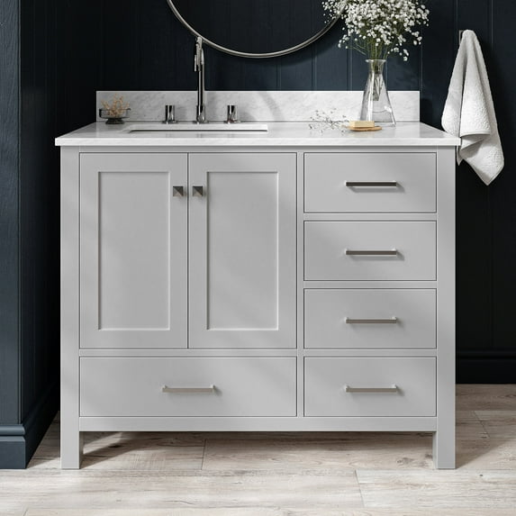 Ariel Cambridge 43 In. Left Offset Rectangle Single Sink Vanity With Carrara White Marble 0.75 In Countertop In Grey