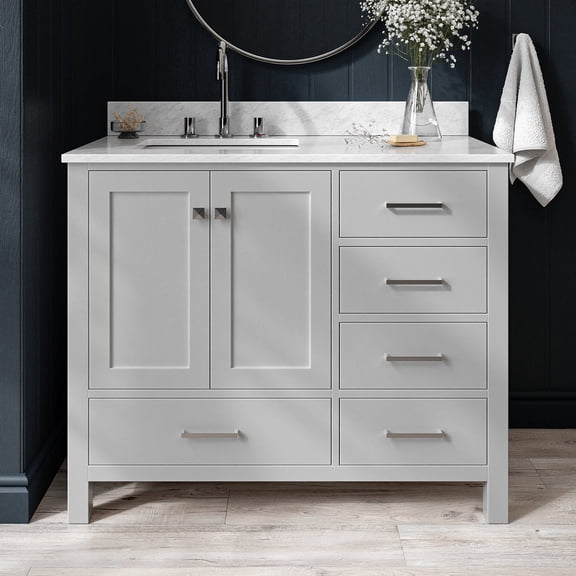 Ariel Cambridge 43 In. Left Offset Rectangle Single Sink Vanity With Carrara White Marble 0.75 In Countertop In Grey