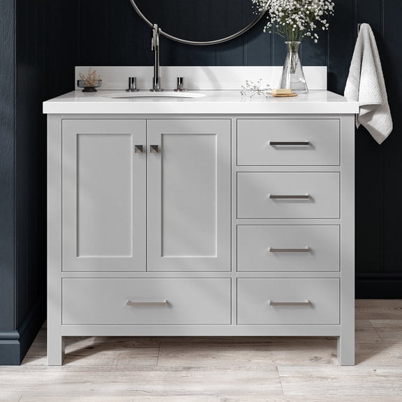 Ariel Cambridge 43 In. Left Offset Oval Sink Vanity With White Quartz Countertop In Grey