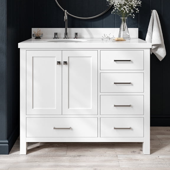 Ariel Cambridge 43 In. Left Offset Oval Sink Vanity With White Quartz Countertop In White