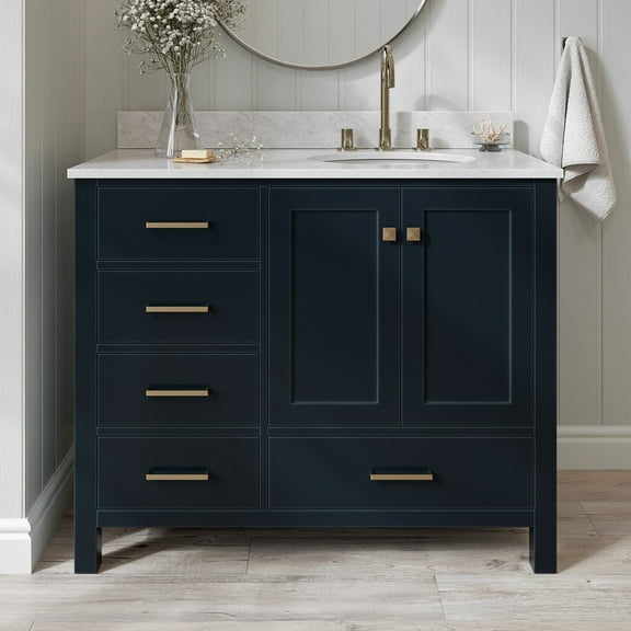 Ariel Cambridge 43 In. Right Offset Oval Single Sink Vanity With Carrara White Marble 0.75 In Countertop In Midnight Blue