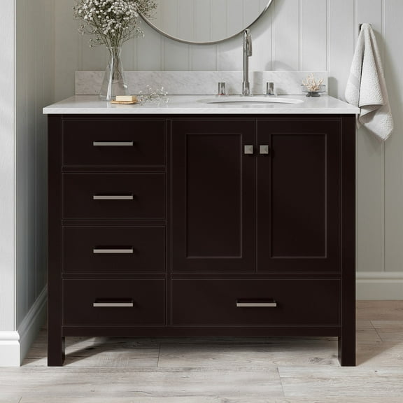 Ariel Cambridge 43 In. Right Offset Oval Single Sink Vanity With Carrara White Marble 0.75 In Countertop In Espresso