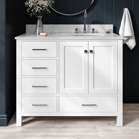 Ariel Cambridge 43 In. Right Offset Oval Single Sink Vanity With Carrara White Marble 0.75 In Countertop In White