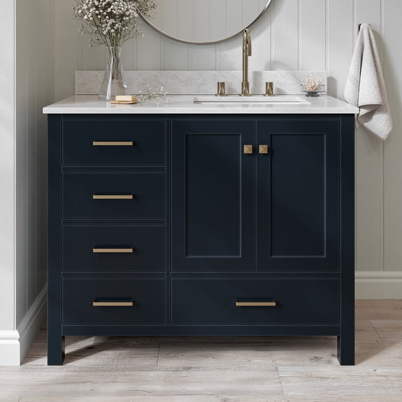 Ariel Cambridge 43 In. Right Offset Rectangle Single Sink Vanity With Carrara White Marble 0.75 In Countertop In Midnight Blue