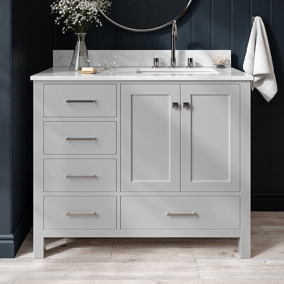Ariel Cambridge 43 In. Right Offset Rectangle Single Sink Vanity With Carrara White Marble 0.75 In Countertop In Grey