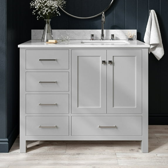 Ariel Cambridge 43 In. Right Offset Rectangle Single Sink Vanity With Carrara White Marble 0.75 In Countertop In Grey