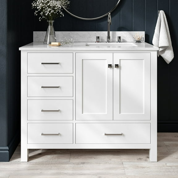 Ariel Cambridge 43 In. Right Offset Rectangle Single Sink Vanity With Carrara White Marble 0.75 In Countertop In White