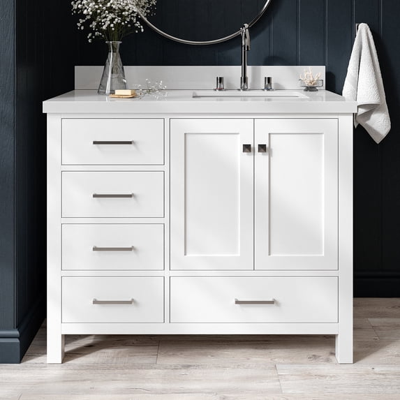 ARIEL Cambridge 43 Inch White Bathroom Vanity with Single Sink, Solid Wood, White Quartz Countertop, 1.5-Inch Edge, Right Rectangular Undermount Sink, 2 Soft Closing Doors, 5 Drawers