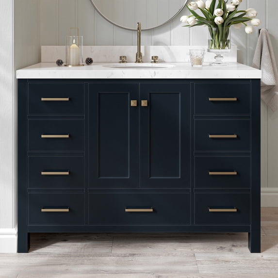 Ariel Cambridge 48 Inch Single Oval Sink Bathroom Vanity With Carrara White Quartz Countertop 1.5 Edge In Midnight Blue