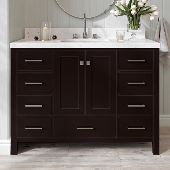 ARIEL Cambridge 48" Espresso Bathroom Vanity, 1.5" Edge Carrara White Quartz Countertop & Splash, Rectangular Sink, 2 Soft Closing Doors, 9 Full Extension Dovetail Drawers, Brushed Nickel