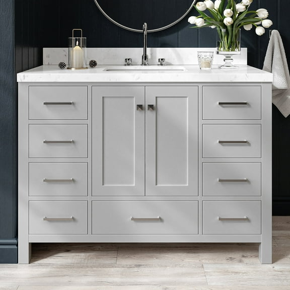 ARIEL Cambridge 48" Grey Bathroom Vanity, 1.5" Edge Carrara White Quartz Countertop & Splash, Rectangular Sink, 2 Soft Closing Doors, 9 Full Extension Dovetail Drawers, Brushed Nickel