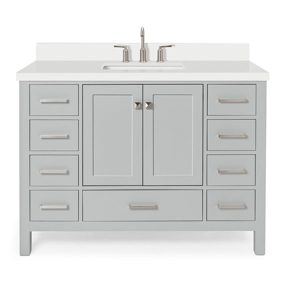 ARIEL 49" Bathroom Vanity with 1.5" Edge Pure White Quartz Countertop & Backsplash, Center Rectangular Sink, 2 Soft Closing Doors, 9 Full Extension Dovetail Drawers, Brushed Nickel -Grey