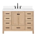 thumbnail image 1 of ARIEL 49" Bathroom Vanity with 1.5" Edge Pure White Quartz Countertop & Backsplash, Center Rectangular Sink, 2 Soft Closing Doors, 9 Full Extension Dovetail Drawers, Brushed Nickel - Oak, 1 of 8