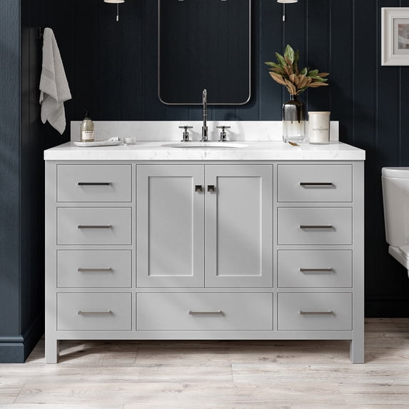 Ariel Cambridge 54 Inch Single Oval Sink Bathroom Vanity With Carrara White Quartz Countertop 1.5 Edge In Grey